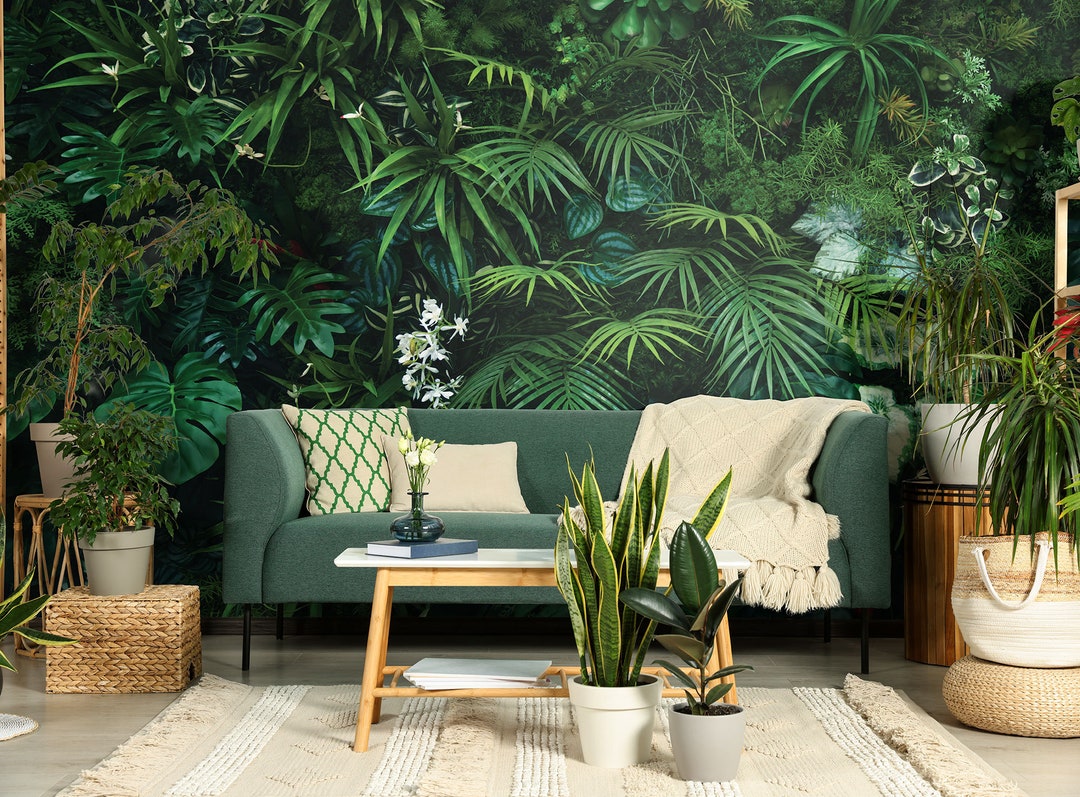 Dark Tropical Jungle Leaves Wallpaper, Exotic Plants Wall Mural • Peel ...