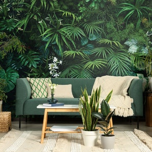 Carta da parati con foglie della giungla tropicale scura, decorazione murale con piante esotiche • Stacca e incolla *autoadesivo* o materiali vinilici non incollati •