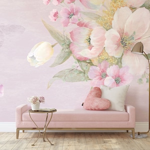 Pastel Pink Watercolor Floral Wall Mural, Delicate Flowers Wallpaper • Peel and Stick *self adhesive* or Non-Pasted Vinyl Materials •