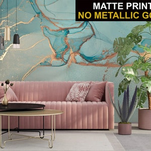 Aquarell-Türkis- und Gelb-Matt-Marmor-Stein-Wandbild, abstrakte Farbkunst, schöne Inneneinrichtung | Selbstklebend | Abziehen und aufkleben | Abnehmbar