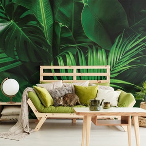 Dark vivid green palm, monstera and banana leaf photo wallpaper | Self Adhesive | Peel & Stick | Removable