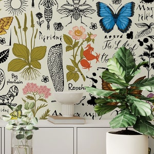 Botanische Tapete mit Pflanzen, Blumen, Schmetterlingen, Insekten | Selbstklebend | Abziehen und aufkleben | Abnehmbare Tapete