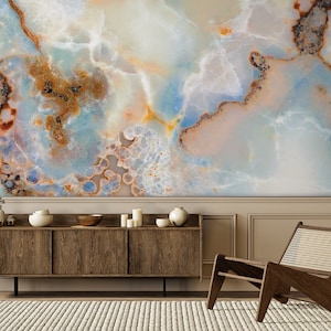 Blue and Copper Marble Stone Mural, Polished Crystal, Rustic Surface Wallpaper | Self Adhesive | Peel & Stick | Removable