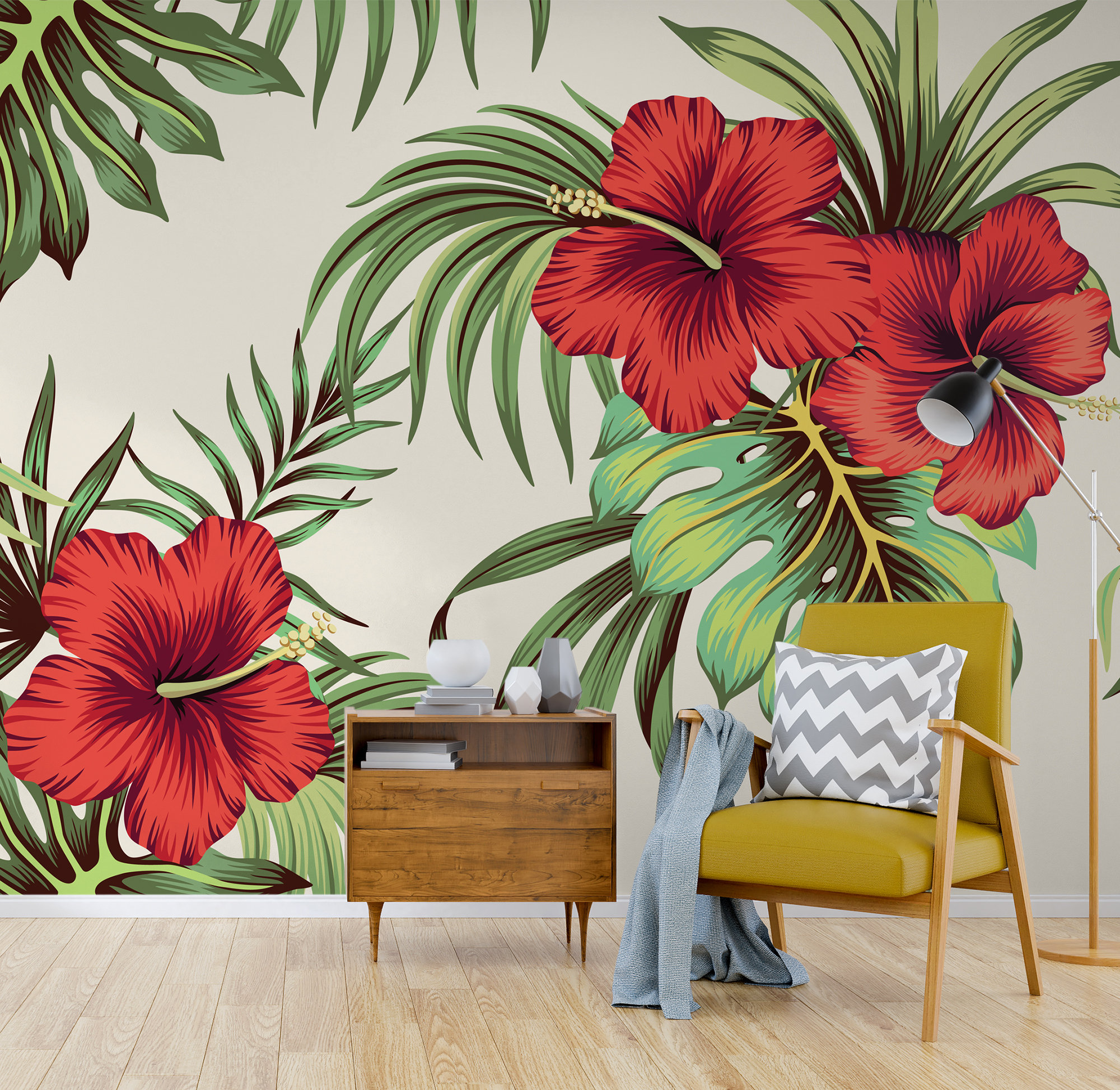 Tropical Red Hibiscus Flower, Monstera and Palm Leaf Abstract Wallpaper •  Peel and Stick *self Adhesive* or Non-pasted Vinyl Materials • - Etsy, image size:2000x1947