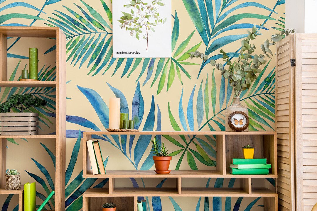 Watercolor Blue and Green Palm Leaves Wallpaper, Summer Tropical