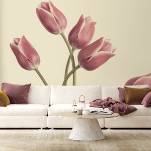 papier peint photo de tulipes roses vintage, peinture murale florale, imprimé botanique | Auto-adhésif | Décoller et coller | Amovible