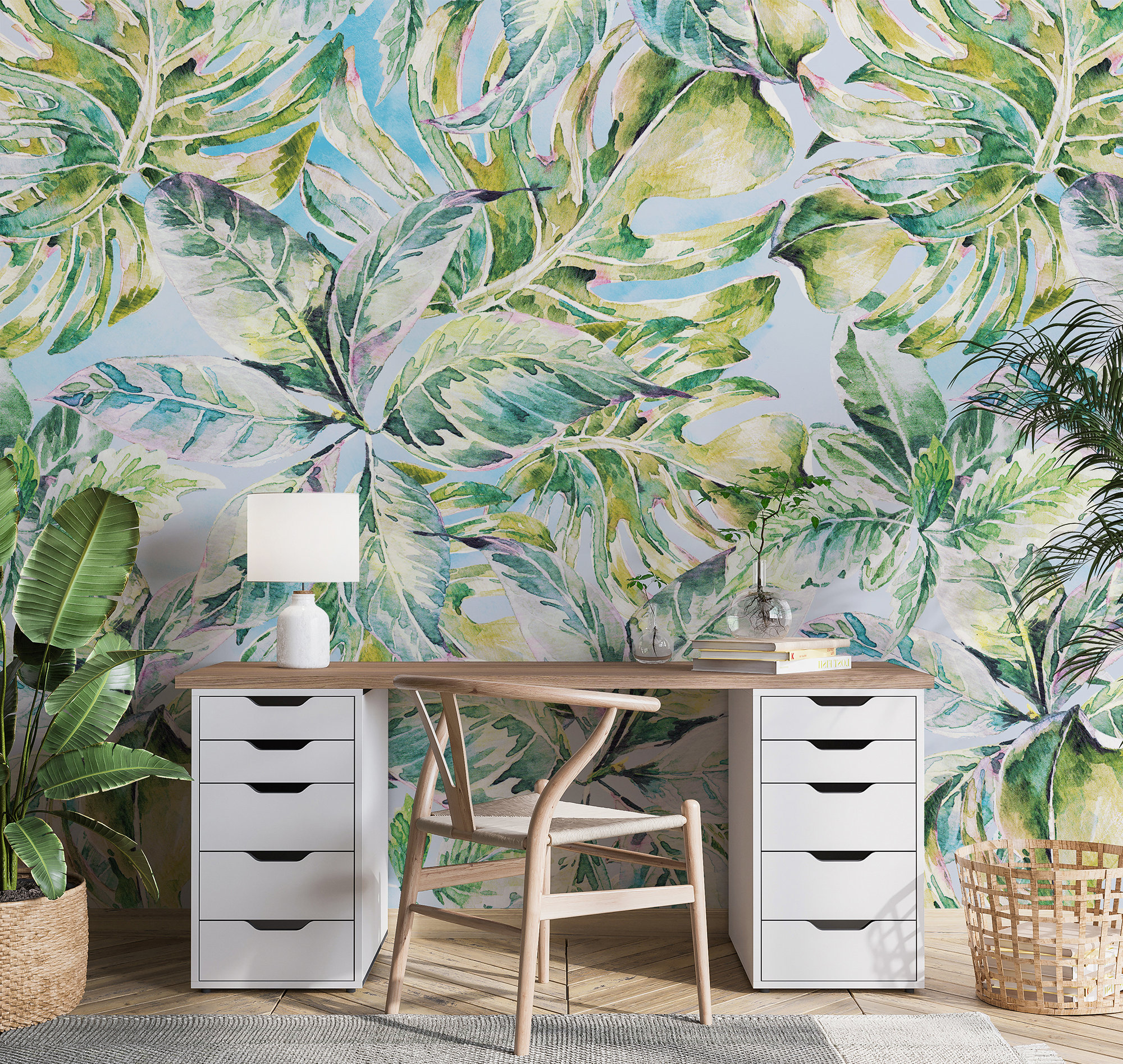 Watercolor Blue & Green Tropical Leaves Botanical Wallpaper | Self ...