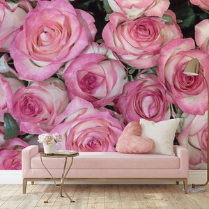 Pink Roses Photo Wallpaper, Rose Wall Mural, Floral Wallpaper • Peel and Stick *self adhesive* or Non-Pasted Vinyl Materials •