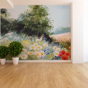 Oil painted floral meadow photo wallpaper, floral landscape mural | Self Adhesive | Peel & Stick | Removable image 3