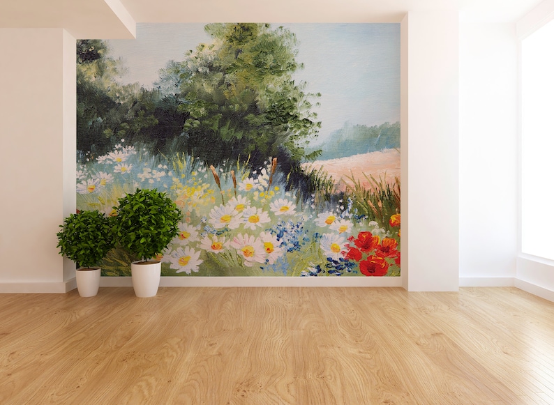 Oil painted floral meadow photo wallpaper, floral landscape mural | Self Adhesive | Peel & Stick | Removable image 3