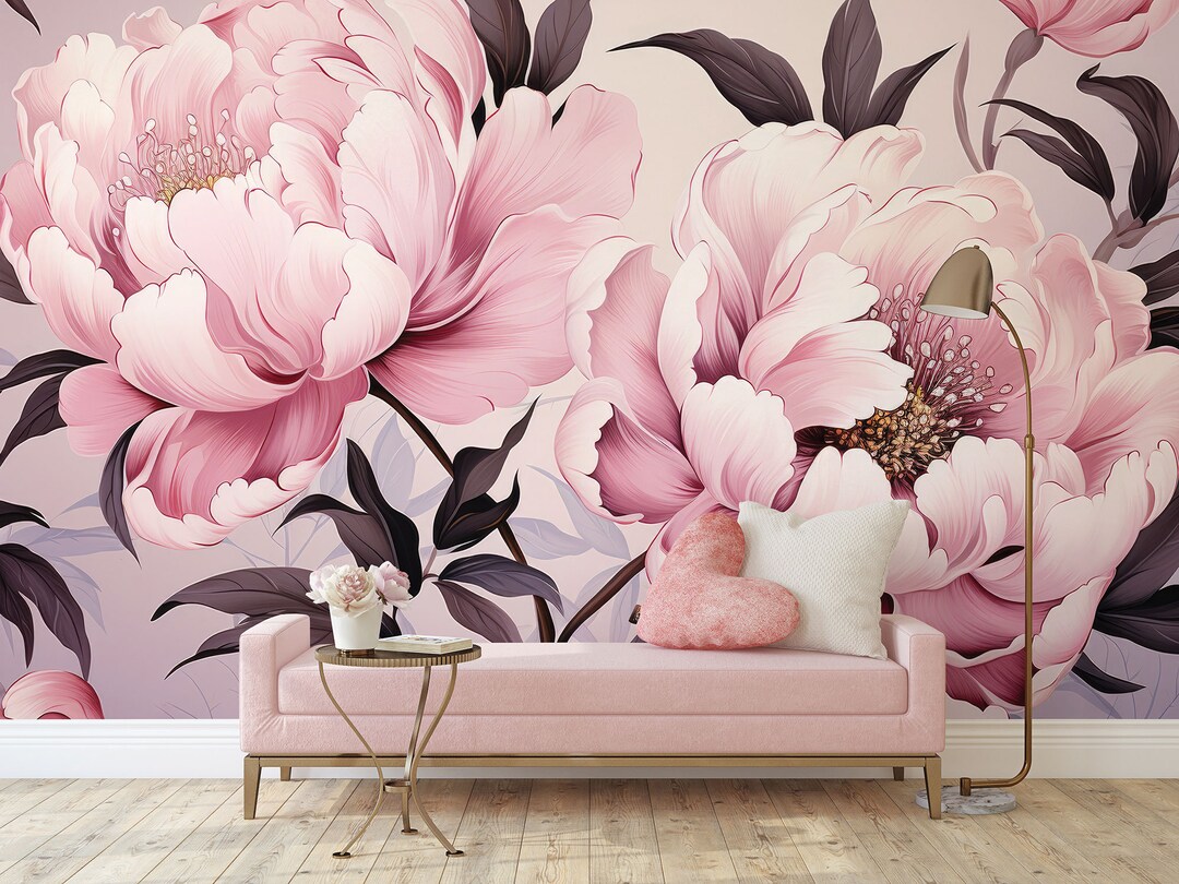 Light Pink Peony Flowers Wallpaper, Romantic Floral Wall Mural • Peel ...