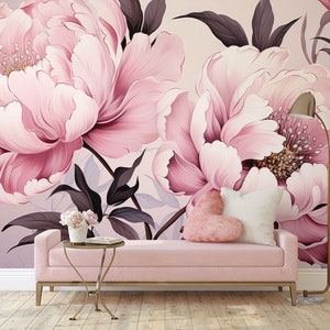 Light Pink Peony Flowers Wallpaper, Romantic Floral Wall Mural • Peel and Stick *self adhesive* or Non-Pasted Vinyl Materials •