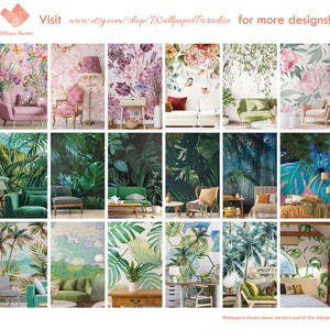 Może przedstawiać: Kolaż 12 r&oacute;żnych wzor&oacute;w tapet z r&oacute;żnymi wzorami kwiatowymi i tropikalnymi. Wzory są pokazane w r&oacute;żnych aranżacjach pomieszczeń z meblami i dekoracjami. Odwiedź www.etsy.com/shop/WallpaperParadise, aby zobaczyć więcej wzor&oacute;w.