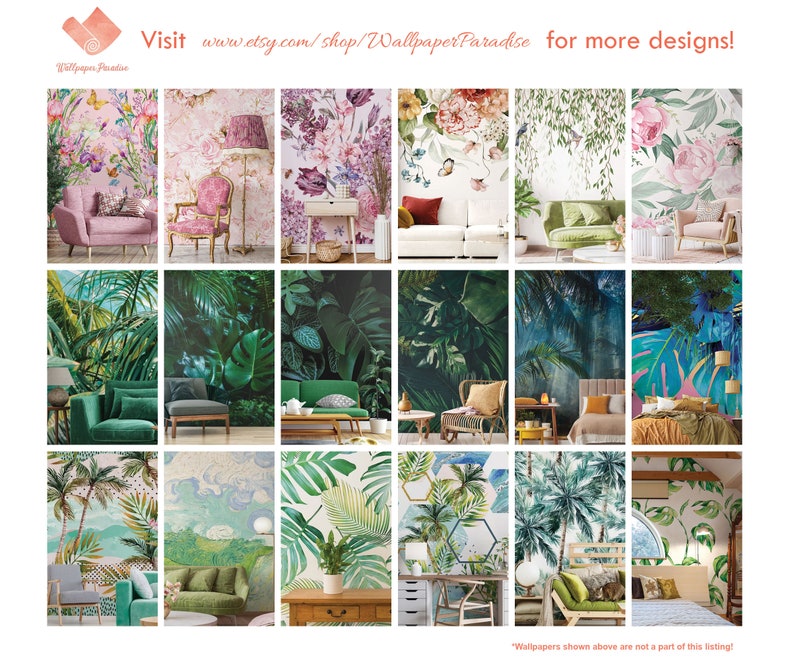 Może przedstawiać: Kolaż 12 r&oacute;żnych wzor&oacute;w tapet z r&oacute;żnymi wzorami kwiatowymi i tropikalnymi. Wzory są pokazane w r&oacute;żnych aranżacjach pomieszczeń z meblami i dekoracjami. Odwiedź www.etsy.com/shop/WallpaperParadise, aby zobaczyć więcej wzor&oacute;w.