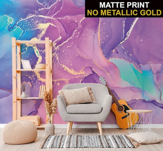 青、紫、緑の大理石の壁紙、抽象的な水彩画の壁画 |粘着剤 |剥がして