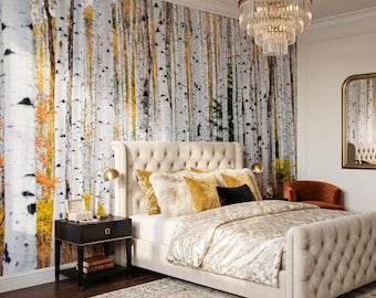 Autumn birch tree forest photo wallpaper, trees wall mural, home decor, peel and stick *self adhesive* or traditional vinyl paper