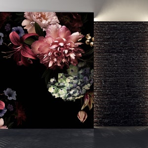 May include: A dark floral wallpaper featuring a bouquet of red, pink, and blue flowers on a black background. The flowers include lilies, peonies, and hydrangeas.