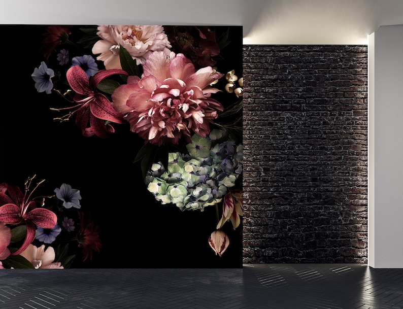 May include: A dark floral wallpaper featuring a bouquet of red, pink, and blue flowers on a black background. The flowers include lilies, peonies, and hydrangeas.