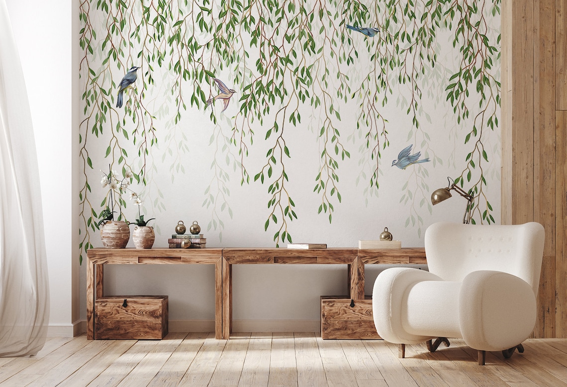 Wallpaper With Birds and Willow Branches Hanging Self - Etsy