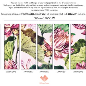 Pu&ograve; includere: Carta da parati floreale ad acquerello con fiori di loto rosa e foglie verdi su sfondo rosa chiaro. La carta da parati &egrave; divisa in cinque pannelli, ciascuno largo 100 cm. La larghezza totale &egrave; di 500 cm e l'altezza &egrave; di 300 cm. Testo sull'immagine.