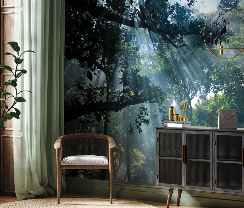 Tropical Forest Wallpaper With Sunrays, Rainforest Wall Mural • Peel ...