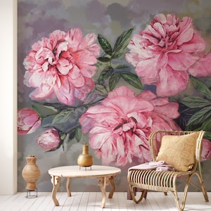 Peony Painting Wallpaper, Oil Painted Mural, Pink Floral Decor | Self ...