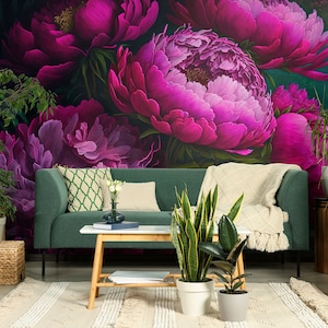 Viva Magenta Pfingstrosen-Tapete, große Blumen, blaugrüner Hintergrund • Abziehen und Aufkleben *selbstklebend* oder nicht geklebte Vinylmaterialien •
