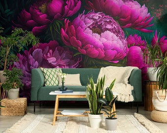 Viva Magenta Peony Wallpaper, Big Flowers, Teal Background • Peel and Stick *self adhesive* or Non-Pasted Vinyl Materials •