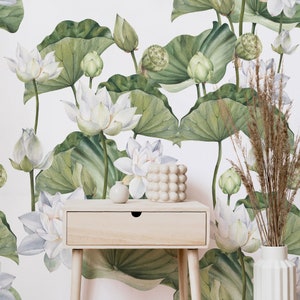 Papier peint aquarelle fleur de lotus blanc, motif fleurs d'eau blanche | Auto-adhésif | Décoller et coller | Amovible