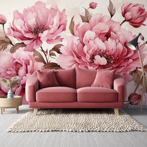 Vivid Pink Peony Flowers Wallpaper, Romantic Floral Wall Mural • Peel ...