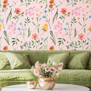 Light Pink Watercolor Floral Wallpaper, Colorful Botanical Pattern • Peel and Stick *self adhesive* or Non-Pasted Vinyl Materials •