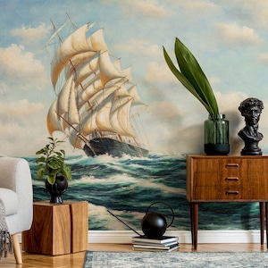 Sea ship wallpaper, sea waves and blue sky, marine acrylic painting mural | Self Adhesive | Peel and Stick | Removable Wallpaper