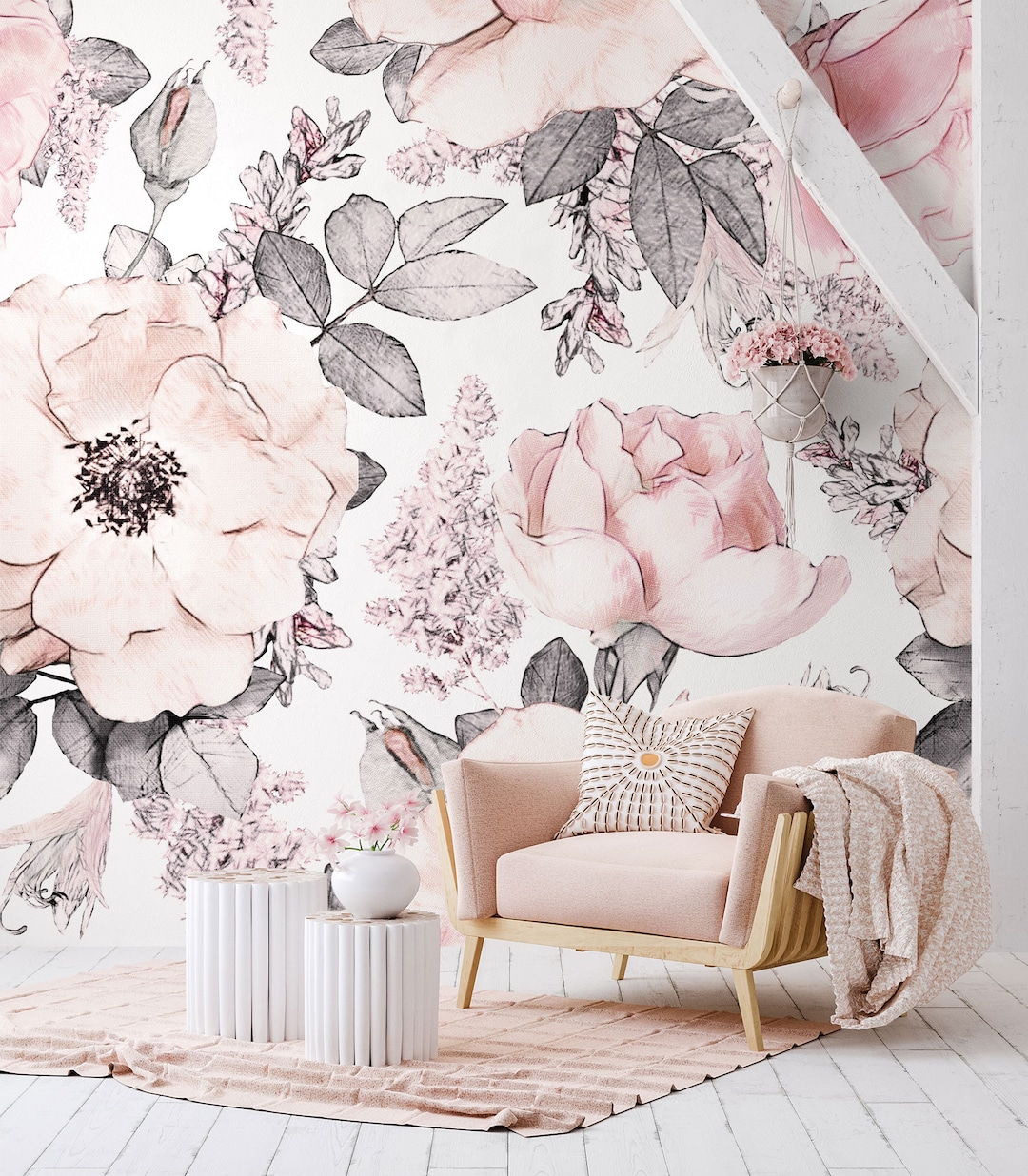 Light Pink Watercolor Rose Flowers Wallpaper, Botanical Floral Wall