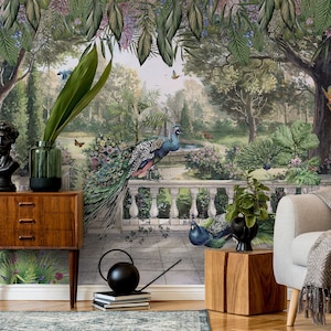 Antike Gartentapete, Pfauenvogel, tropische Blätter, botanisches Vintage-Wandbild | Selbstklebend | Abziehen und aufkleben | Abnehmbare Tapete