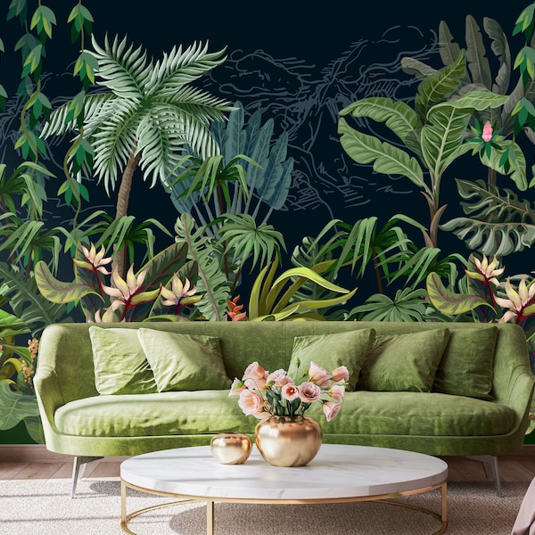 Papier peint jungle tropicale sombre, art vectoriel, arbres et plantes exotiques | Auto-adhésif | Décoller et coller | Amovible