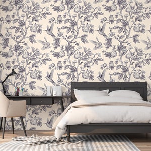 Beige wallpaper with lemon tree and birds | Self Adhesive | Peel & Stick | Removable