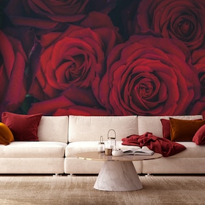 Elegant dark red roses photo wallpaper, big flowers wall mural | Self Adhesive | Peel & Stick | Removable