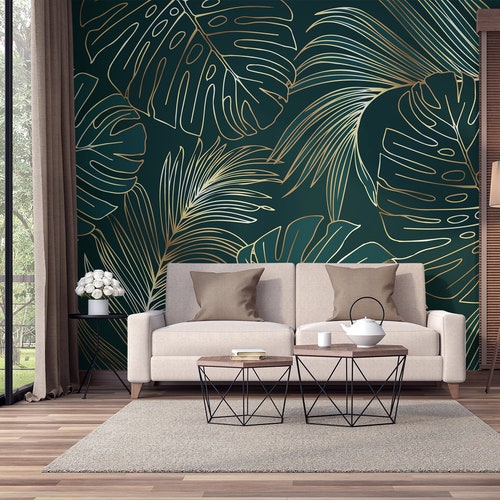 Vector Green and Gold Matte Tropical Leaf Wallpaper Line Art - Etsy