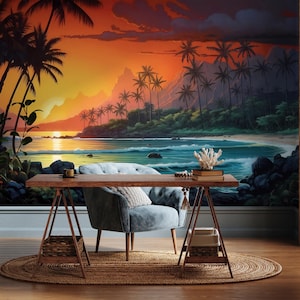 Carta da parati astratta Sunset Paradise Island, murale con pittura a olio tropicale • Stacca e attacca *autoadesivo* o materiali vinilici non incollati •
