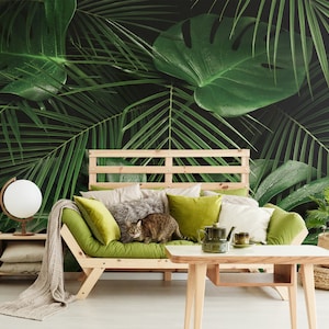 Dark tropical monstera and palm leaf jungle photo wallpaper | Self Adhesive | Peel & Stick | Removable