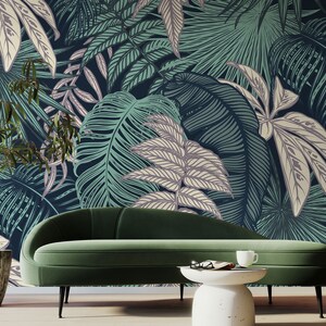 Abstract Tropical Leaves Wallpaper, Palm Leaf & Banana Leaf Pattern • Peel and Stick *self adhesive* or Non-Pasted Vinyl Materials •