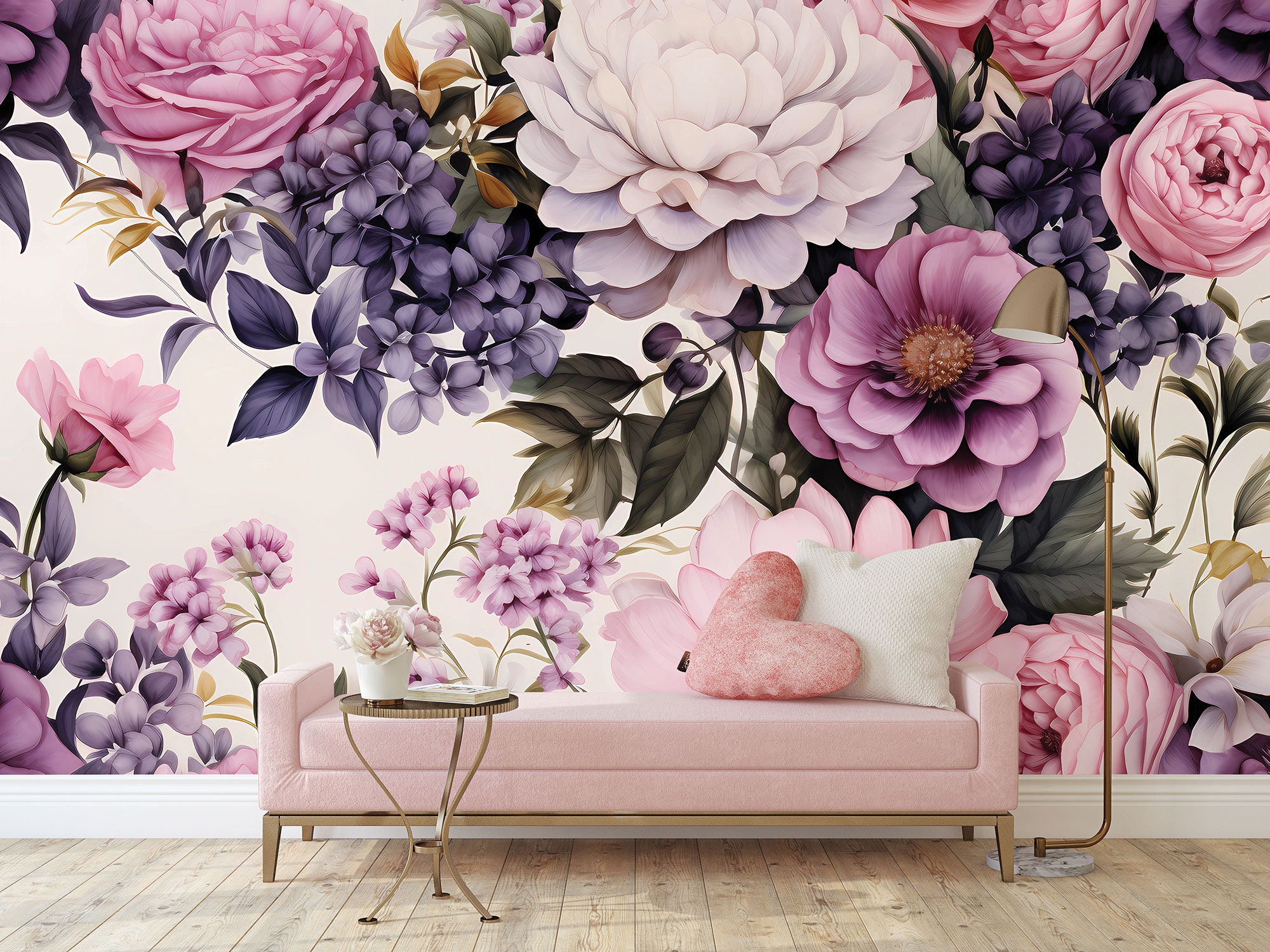 Beautiful Pink & Purple Floral Wall Mural, Botanical Wallpaper • Peel ...