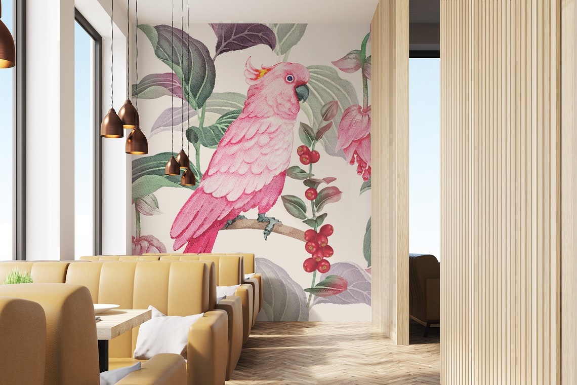 Pink Parrot Wallpaper Tropical Bird and Flowers Mural Self - Etsy