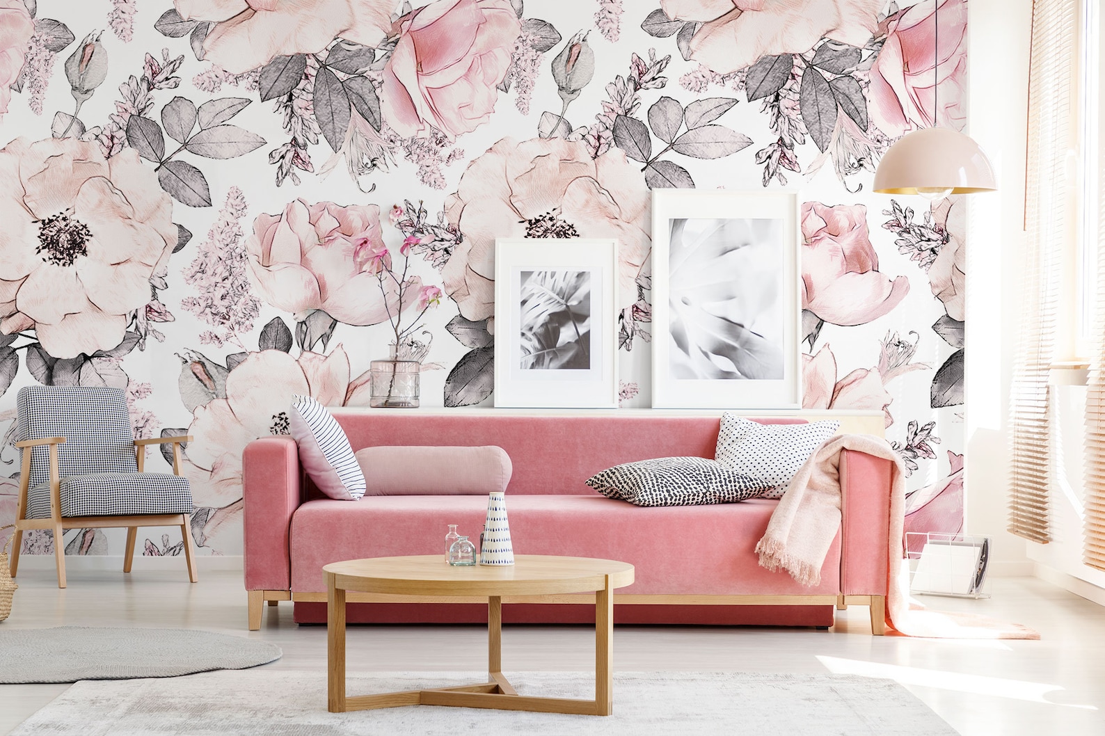 Light Pink Watercolor Rose Flowers Wallpaper, Botanical Floral Wall