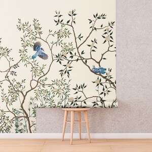 Chinoiserie Blue Birds & Blooming Trees Beige Ivory Wallpaper • Peel ...