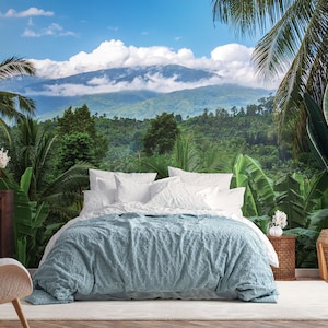 Beautiful Tropical Landscape Wallpaper, Blue Sky, Palm Trees & Banana Leaves• Peel and Stick *self adhesive* or Non-Pasted Vinyl Materials •