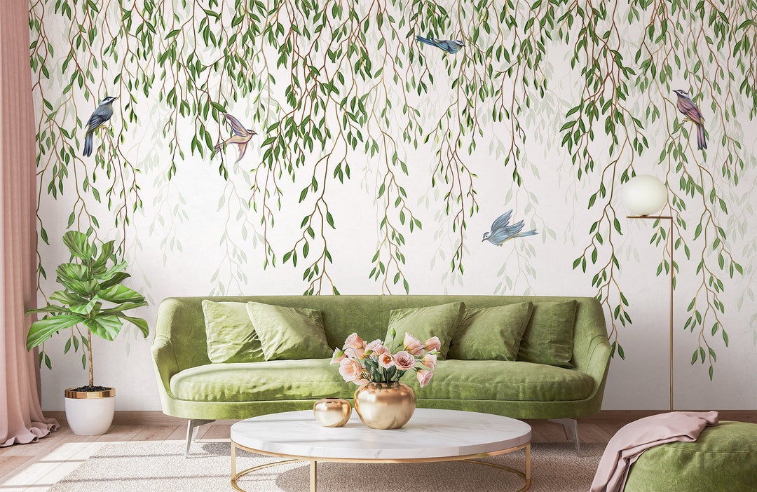 Wallpaper With Birds and Willow Branches Hanging Self Adhesive Peel and