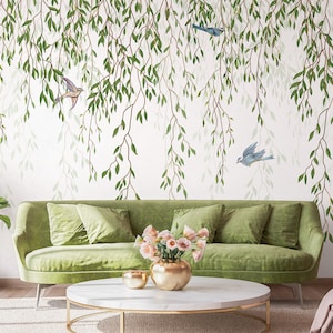 Wallpaper with birds and willow branches hanging | Self Adhesive | Peel and Stick | Removable
