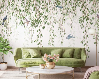 Wallpaper with birds and willow branches hanging | Self Adhesive | Peel and Stick | Removable