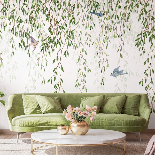 Wallpaper with birds and willow branches hanging | Self Adhesive | Peel and Stick | Removable